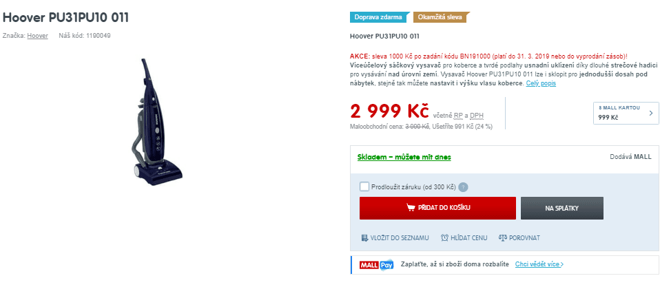 Tyčový vysavač Hoover, sáčkový, 350W