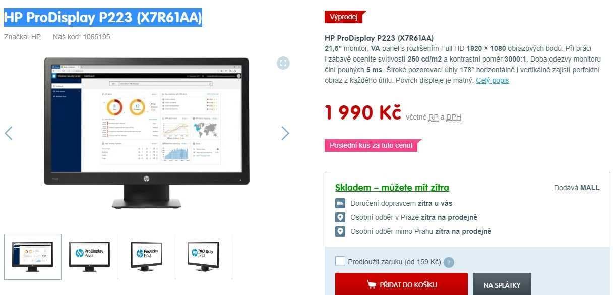 Full HD PC monitor HP Prodisplay 21,5"