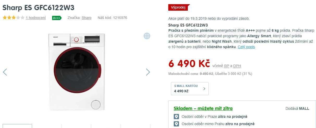 Pračka Sharp, A+++, 6 kg, 1200 ot.