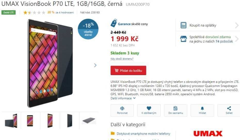 Umax, 4x 1,3GHz, 1GB RAM, 6,98", LTE