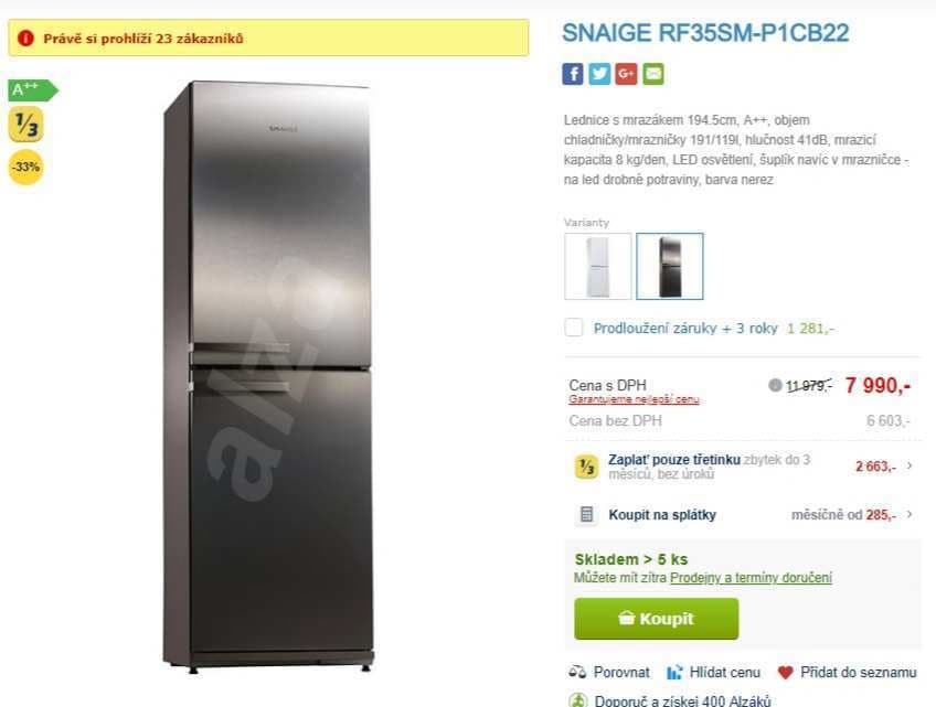 Lednice Snaige, nerez, A++, 195 cm