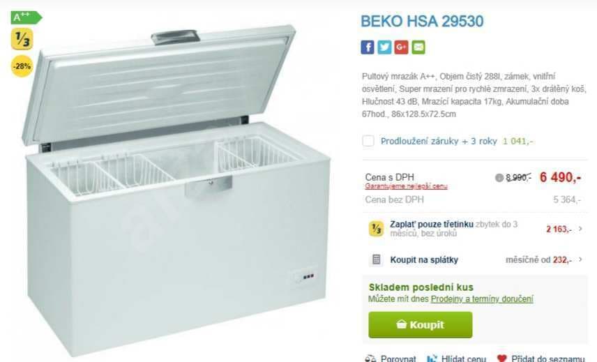 Truhlicový mrazák Beko - 284 litrů