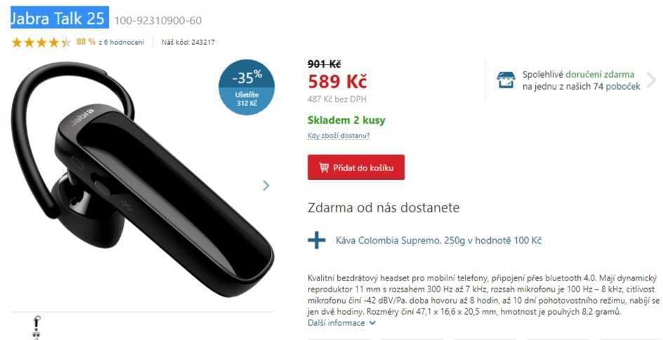 Bezdrátový headset Jabra Talk 25