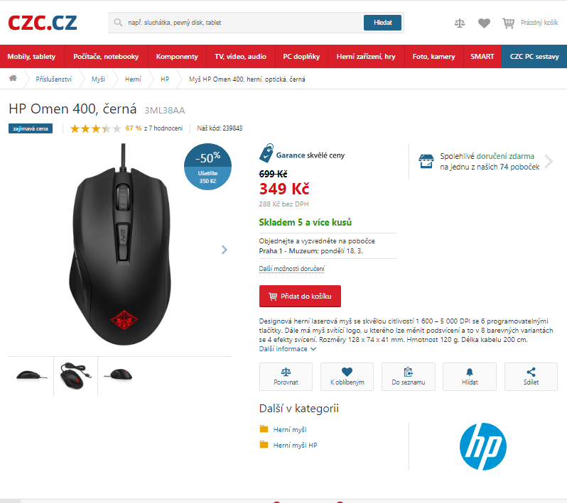 Herní laserová myš HP Omen 400