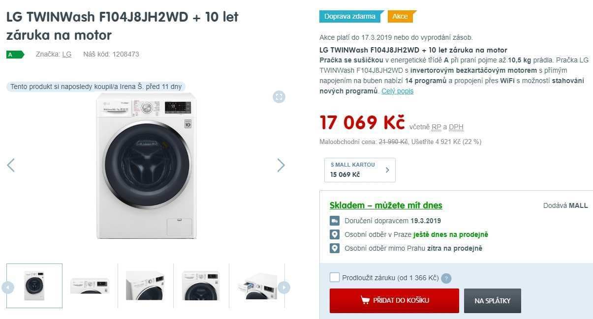 Pračka se sušičkou LG, 10,5/7kg, pára, 1400 otáček