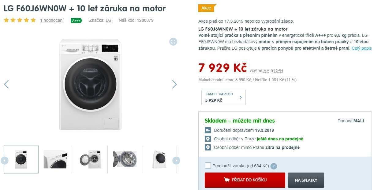 Pračka LG, 6,5kg, 1000 ot., A+++, NFC