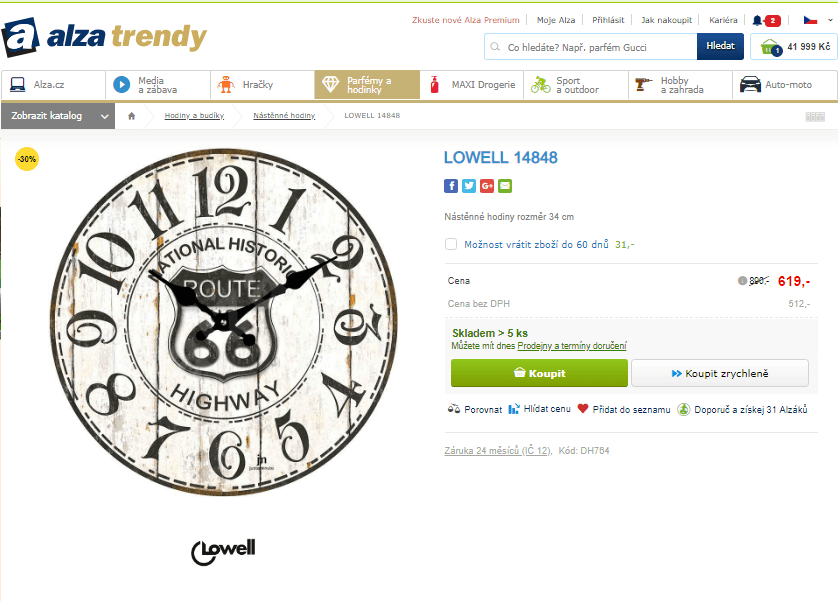 Retro nástěnné hodiny Lowell, 34 cm