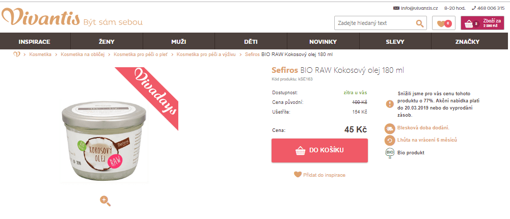 Bio RAW kokosový olej Sefiros 180ml