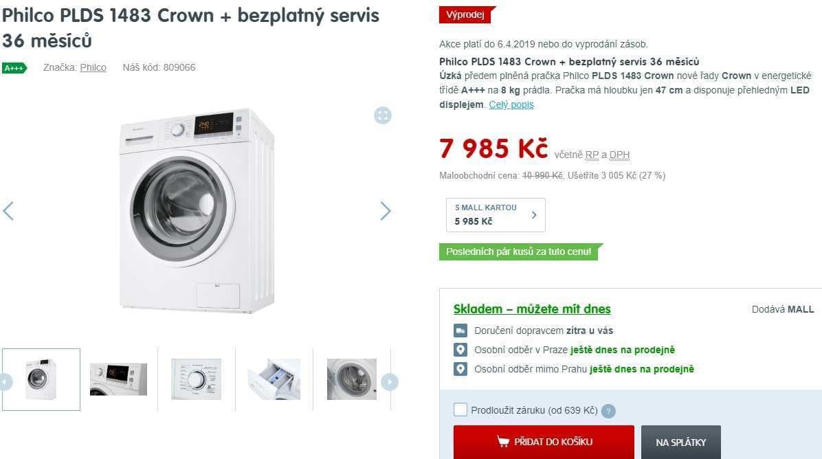 Pračka Philco, 8kg, 1400 ot., A+++, 47cm