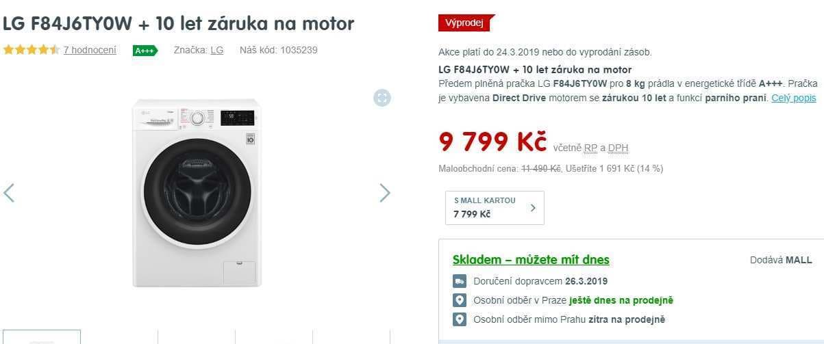 Pračka LG, 8kg, 1400 ot., pára, A+++