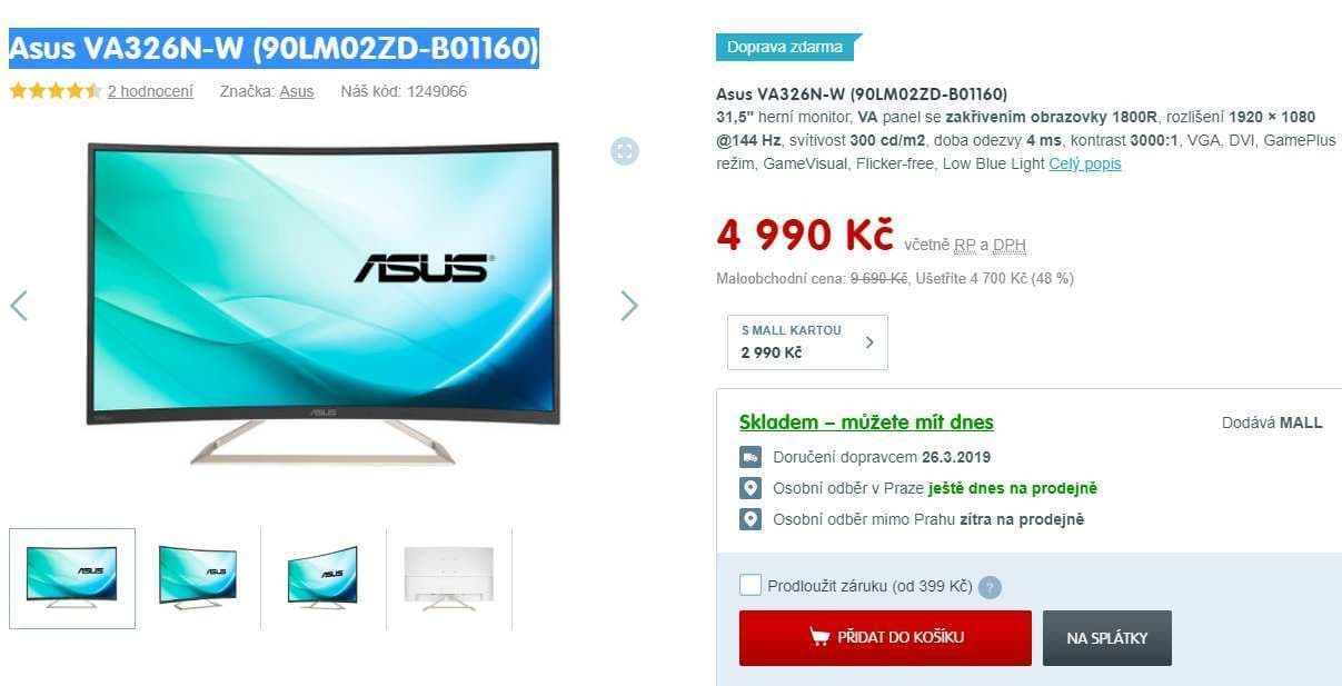 Herní monitor Asus, 31,5", zakřivený, full HD