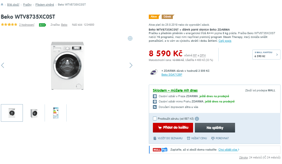 Parní pračka Beko, 8kg, 1400 ot., A+++