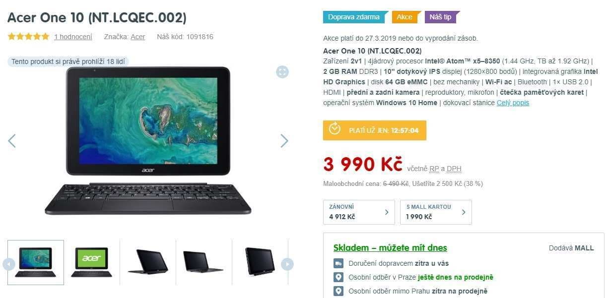 Acer 2v1, 1,92GHz, 2GB RAM, 10,1"
