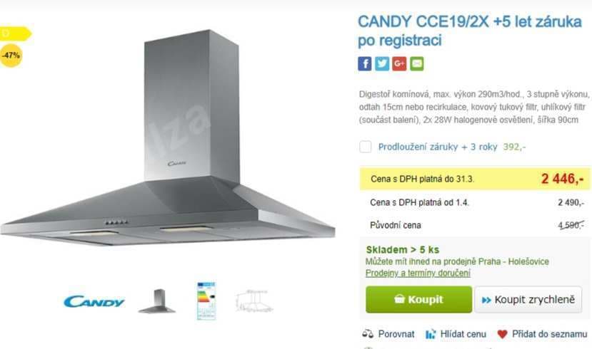 Komínová digestoř Candy, 290 m3/h