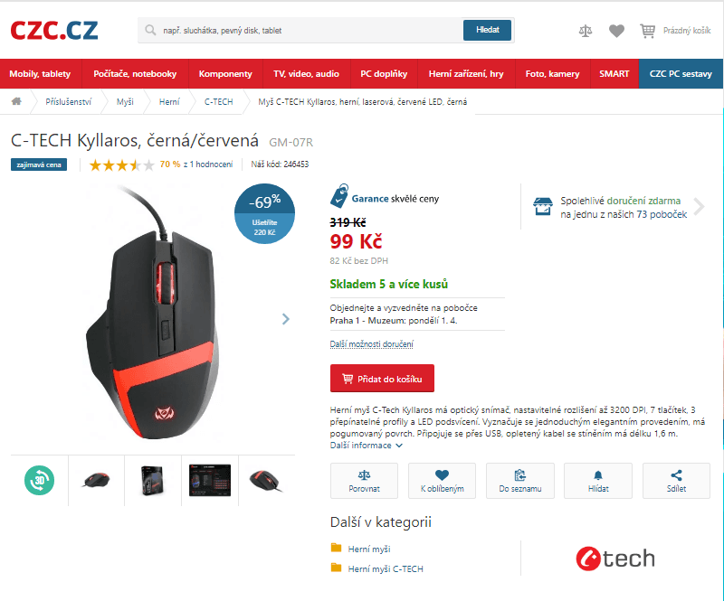 Herní myš C-TECH Kyllaros, červená