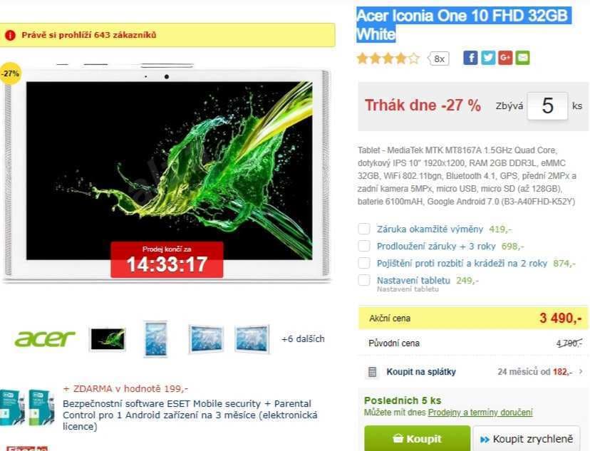 Tablet Acer, 4x 1,5GHz, 2GB RAM, 10,1"