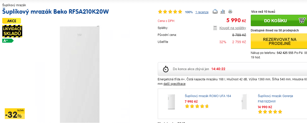 Mrazák Beko, A+, 168 l., 140 cm