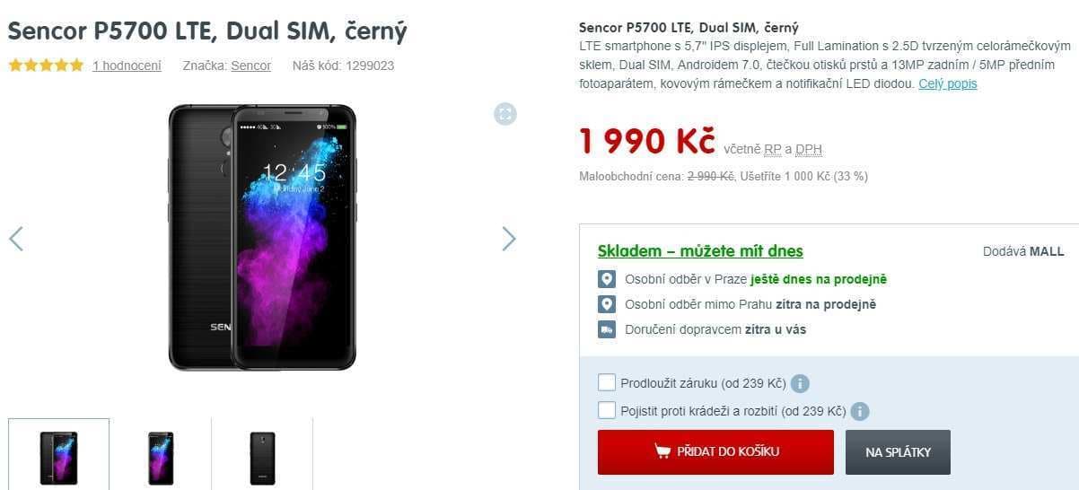Sencor, 4x 1,3GHz, 2GB RAM, 5,7", LTE