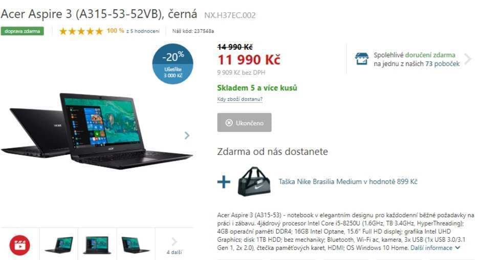 Acer, 3,4GHz, 4GB RAM, 16GB Optane, 15,6"