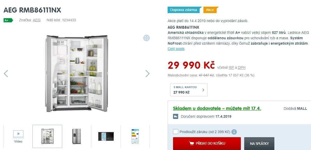 Americká lednice AEG, bar, led, voda, dotyk
