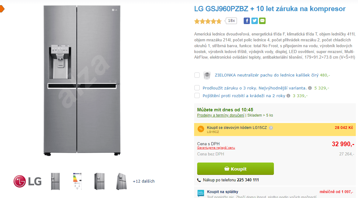 Americká lednice LG, led, voda, door in door