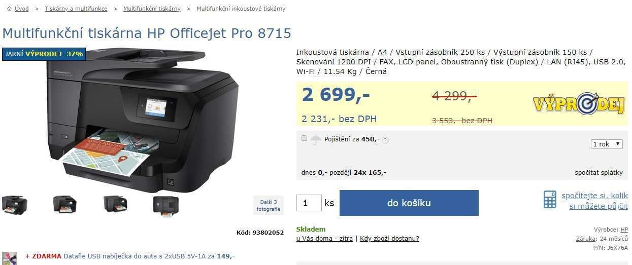 Barevná, ink. multifunkce HP, Wifi, duplex