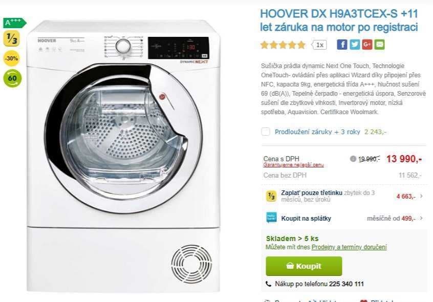Sušička prádla Hoover, 9kg, A+++, NFC