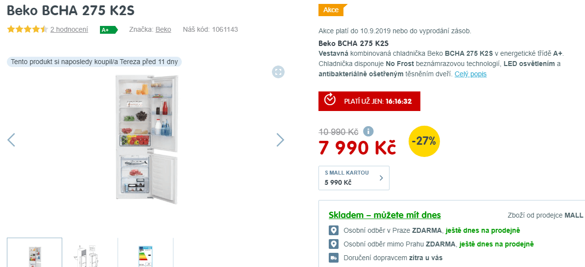 Vestavná komb. chladnička Beko, A+