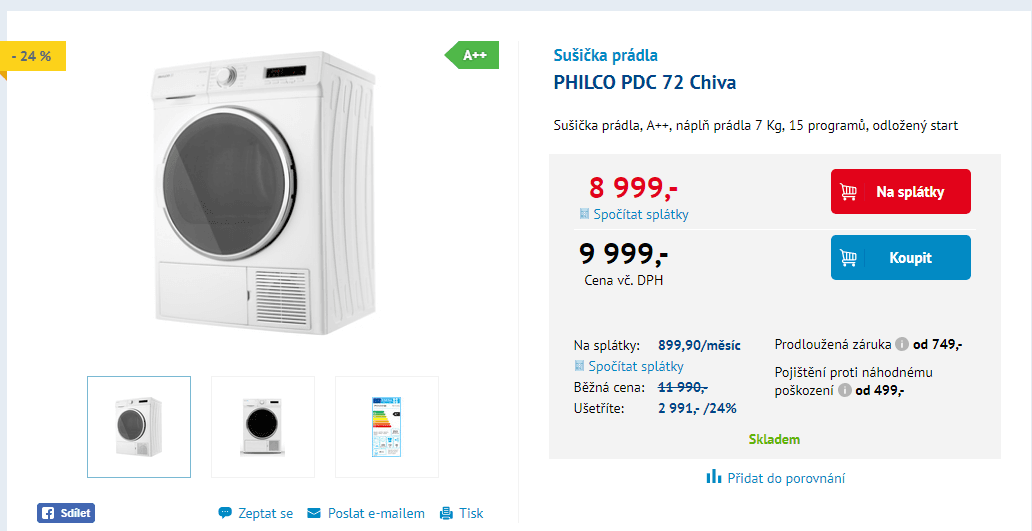 Sušička Philco, A++, 7 Kg, 15 prog.