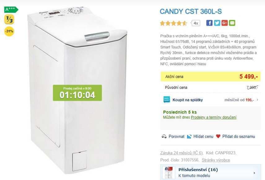 Pračka Candy, 6kg, 1000 ot., A+++, NFC