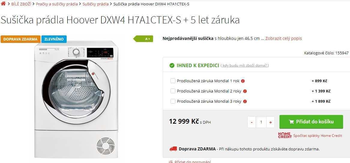 Sušička prádla Hoover, 7kg, Wifi, 46cm
