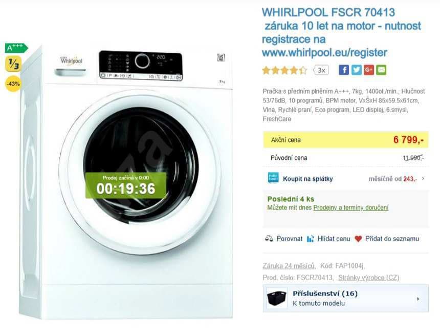 Whirlpool, 7 kg, 1400 ot., A+++, 10 programů
