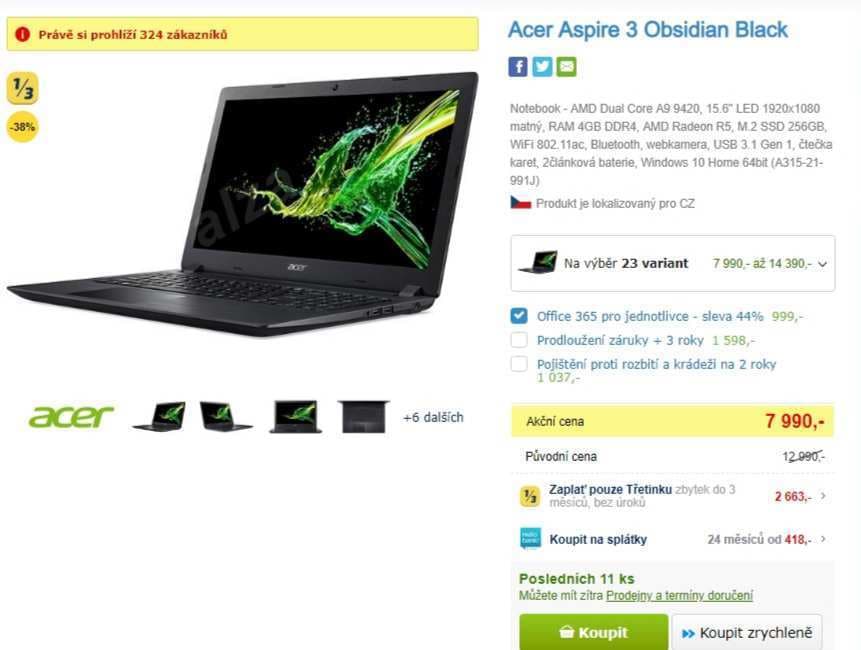 Acer, až 3,6 GHz, 4GB RAM, 15,6", SSD