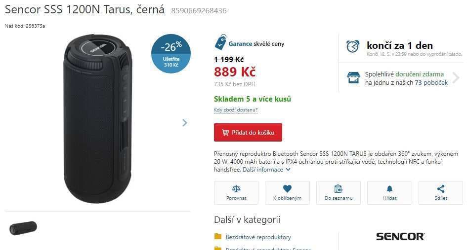 Bezdrátový repro Sencor, 20W, BT, NFC