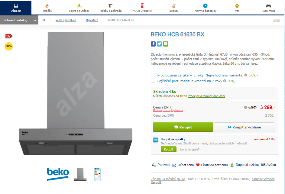 Komínová digestoř BEKO, 635 m3/hod