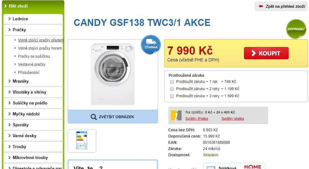 Pračka Candy, 8kg, 1300 ot., A+++