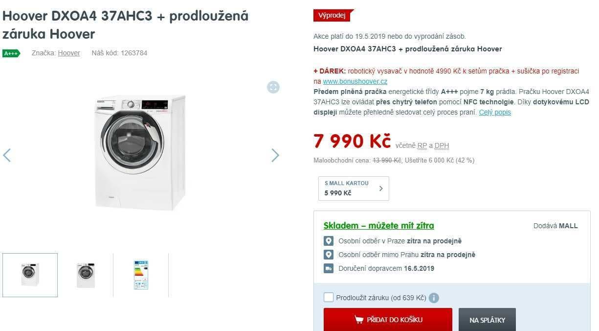 Pračka Hoover, 7kg, 1300 ot., NFC, A+++, 40cm