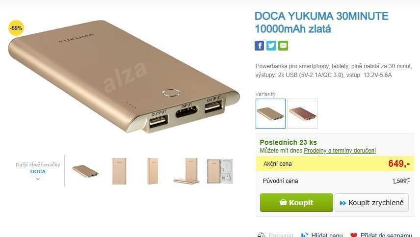 Powerbanka Yukuma, 10000 mAh, 30 minut