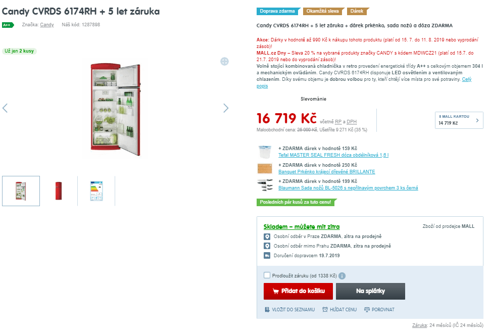 Retro lednice Candy, A++, 175cm