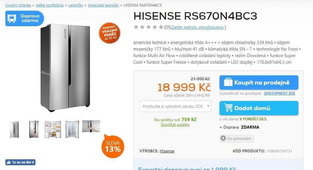Americká lednice Hisense, A+++, no frost