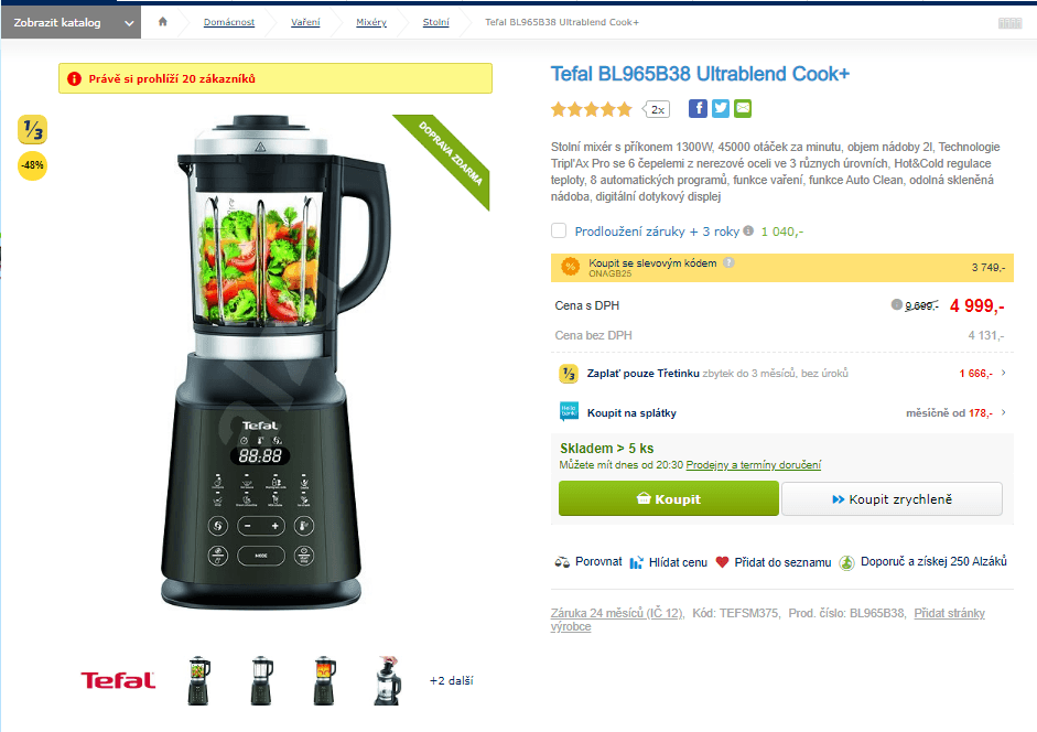 Mixér Tefal, 45 000 otáček, funkce vaření