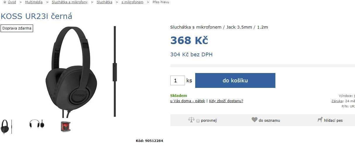 Sluchátka Koss UR23, mikrofon