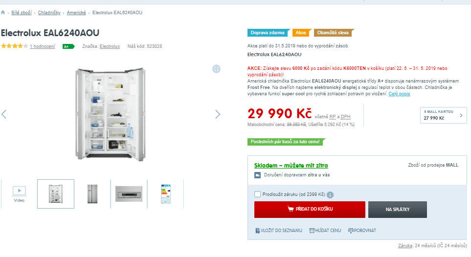 Americká lednice Electrolux, A+, frost free
