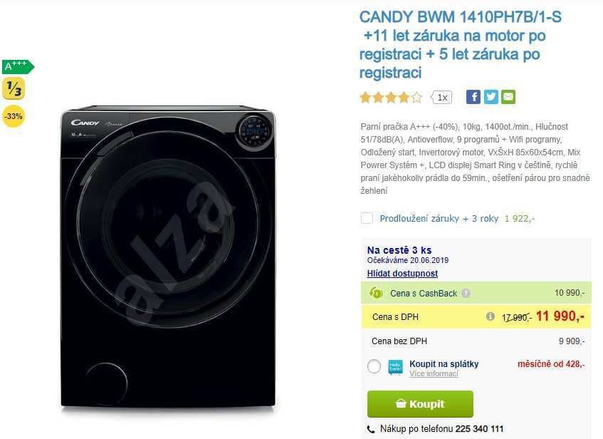 Pračka Candy, 10kg, 1400 ot., pára, A+++, Wifi