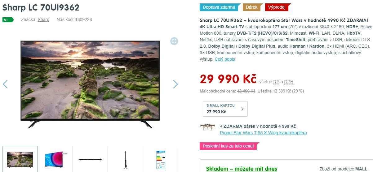 4K Smart TV, HDR, 178cm, Harman, Sharp