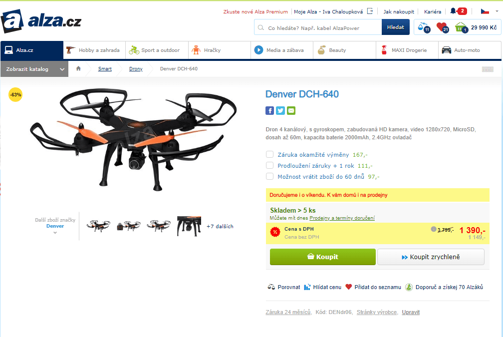 Dron Denver, HD, 1280x720, až 60m, 2000mAh
