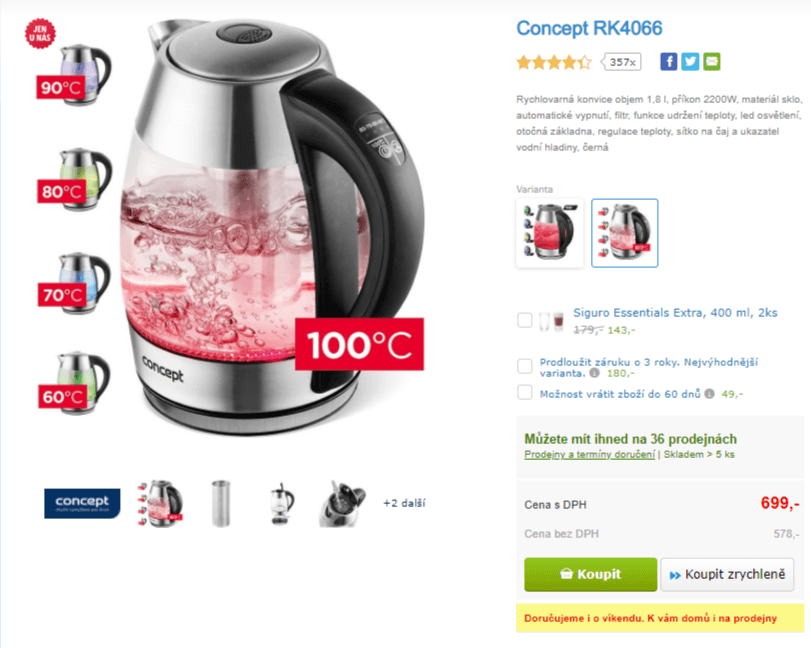 Rychlovarná konvice Concept, teploty