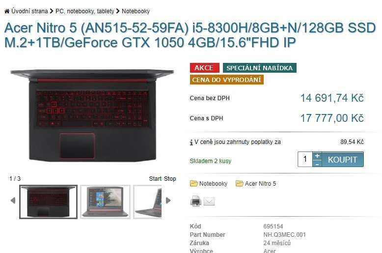 Acer Nitro, i5 4GHz, 8GB RAM, 4GB Nvidia, 15,6"