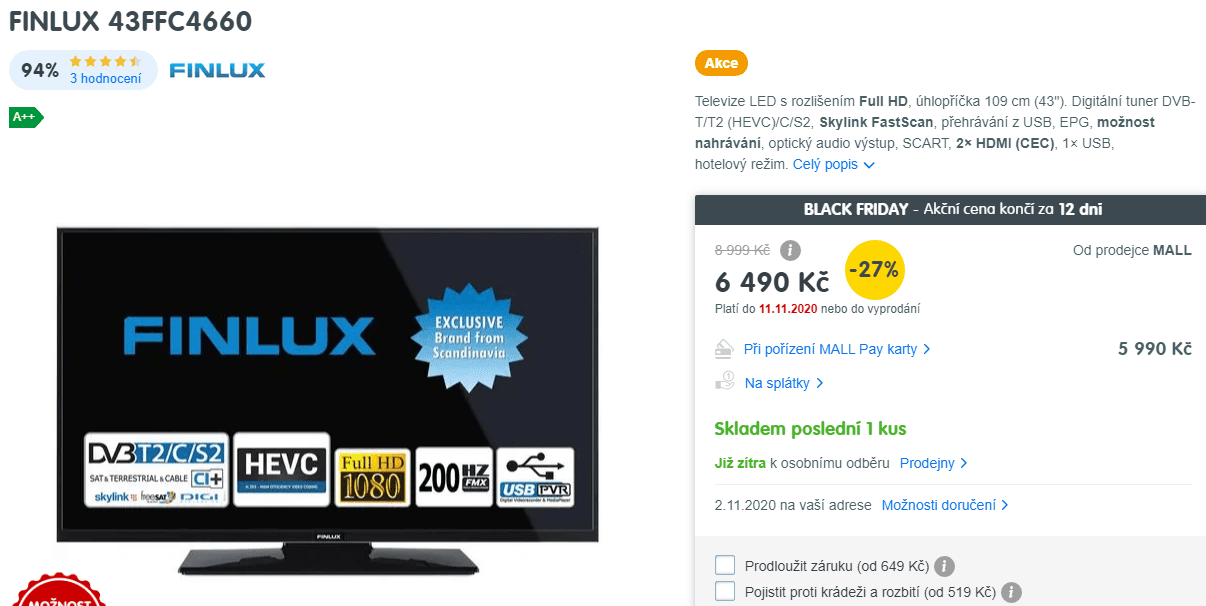 Full HD LED TV, 109cm, T2, Finlux