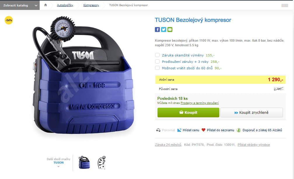 Bezolejový kompresor Tuson, 1100 W